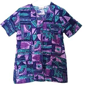 Peaches Women's Scrub Nursing Uniform‎ Top Button Up Shirt Purple Size XS Cotton